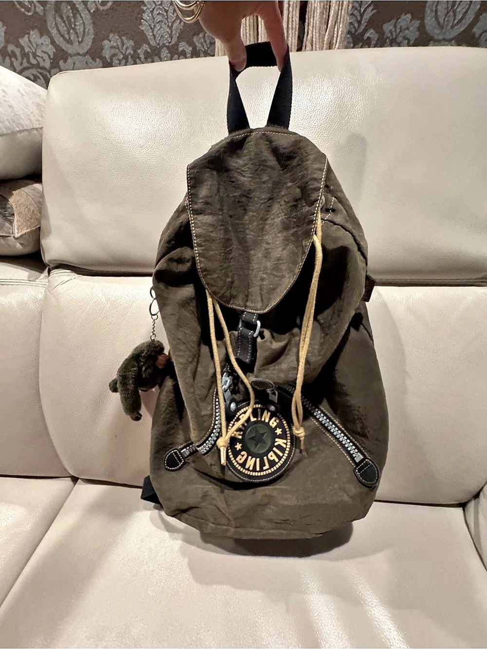 Kipling Olive Backpack with Monkey Charm